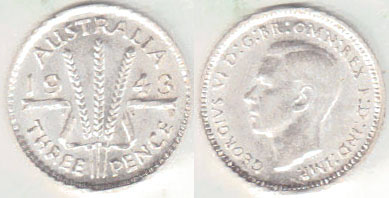 1943 D Australia silver Threepence (aUnc) A004349